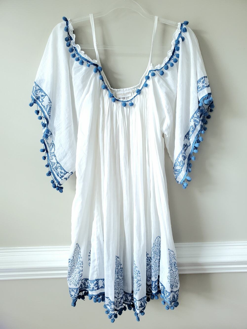 Women Shiraleah White Blue Pom Pom Swim Cover Up OS Beach Resort Boho Hippie